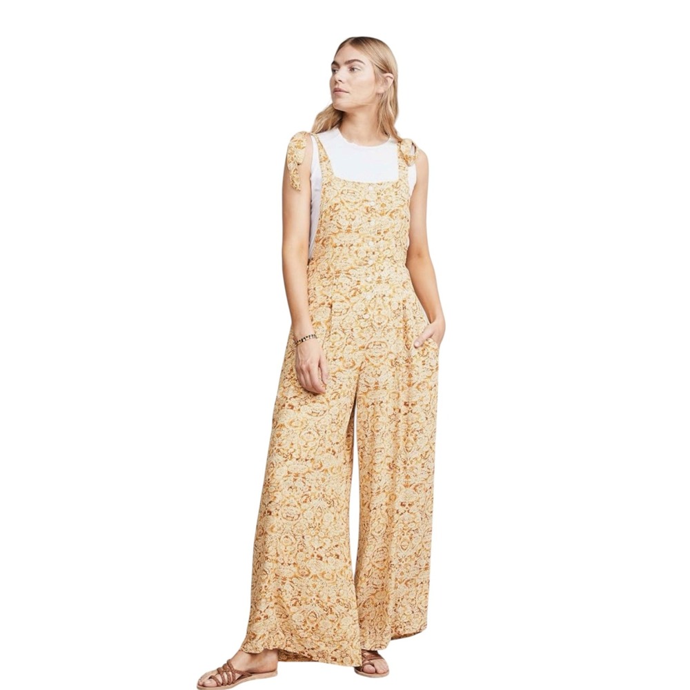 Free People Sugar Sands Wide Leg Jumpsuit Mustard Yellow Tie Shoulder XS